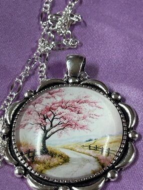 Silver 1” Pendant Necklace with Pink Tree Art Necklace handmade new